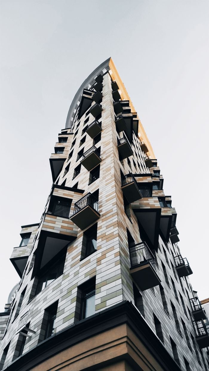 Impressive modern residential building with geometric design in Moscow, Russia.
